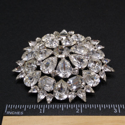 Weiss 1950s Large Clear Rhinestone Floral Brooch | Rhodium Plated Statement Pin | Vintage Mid-Century Jewelry