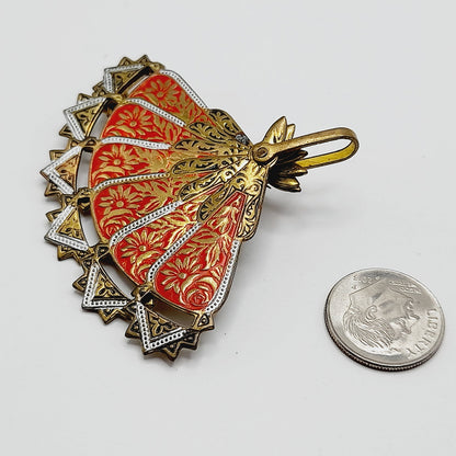 Vintage Spanish Damascene Articulated Fan Brooch Pin Pendant - Signed SPAIN - Black Gold Inlay Jewelry