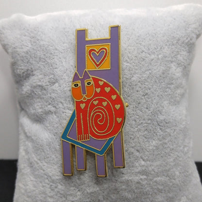 Laurel Burch "Cat On Chair" Brooch, Gold Plated, 1980s Vintage Jewelry