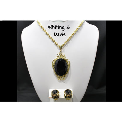 Whiting & Davis Victorian Black Gold Pendant Necklace Set, Clip Filigree Earrings, 1960s