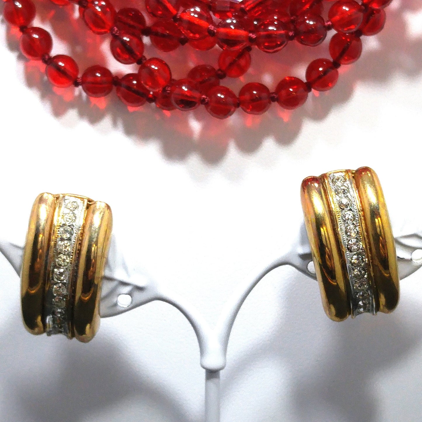 Vintage Stannard Red Glass Bead Necklace Earrings Set Gold Rhinestone Clasp 1970s