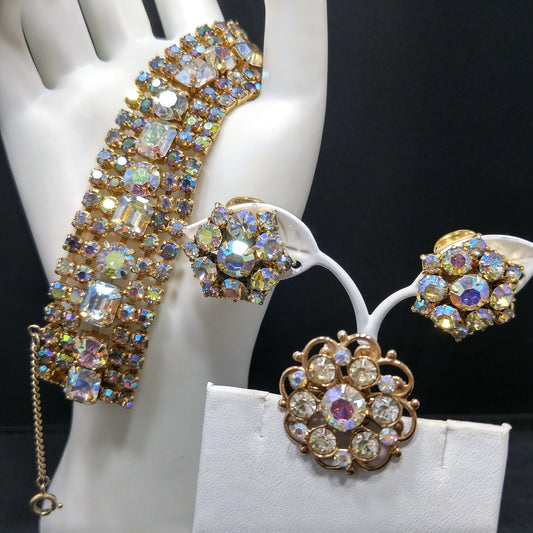 Aurora Borealis Rhinestone Set: Bracelet Clip Earrings Pin, Gold Plated, 1960s Vintage Jewelry