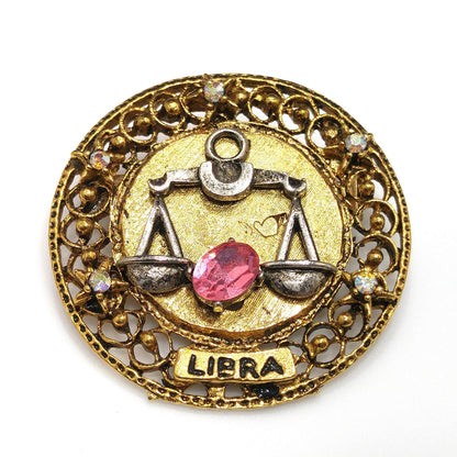 Arthur Pepper "Art" Libra Zodiac Brooch, Pink Rhinestone, 1960s Vintage Jewelry