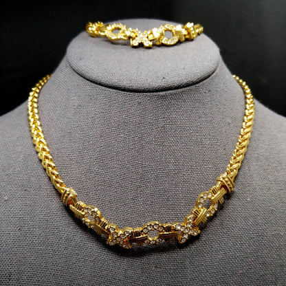 Swarovski Necklace & Bracelet Set – 1980s 1990s Gold Plated XOXO Design with Clear Rhinestones, Signed Swan Logo