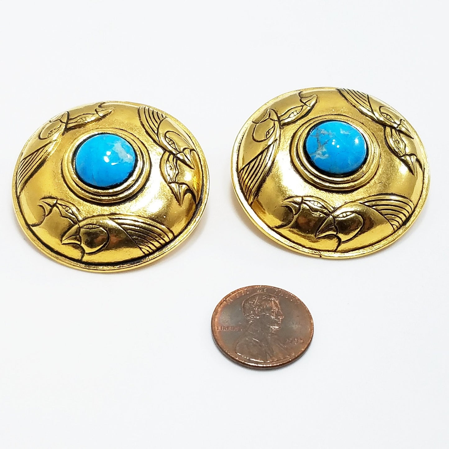 Laurel Burch Turquoise & Gold Bird Earrings, Gemstone, Gold Plated, 1980s