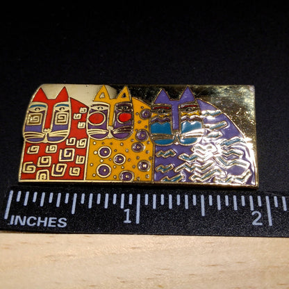 Laurel Burch "Wild Cats" Cloisonné Brooch, Three Cats Pin, 1980s Vintage Jewelry