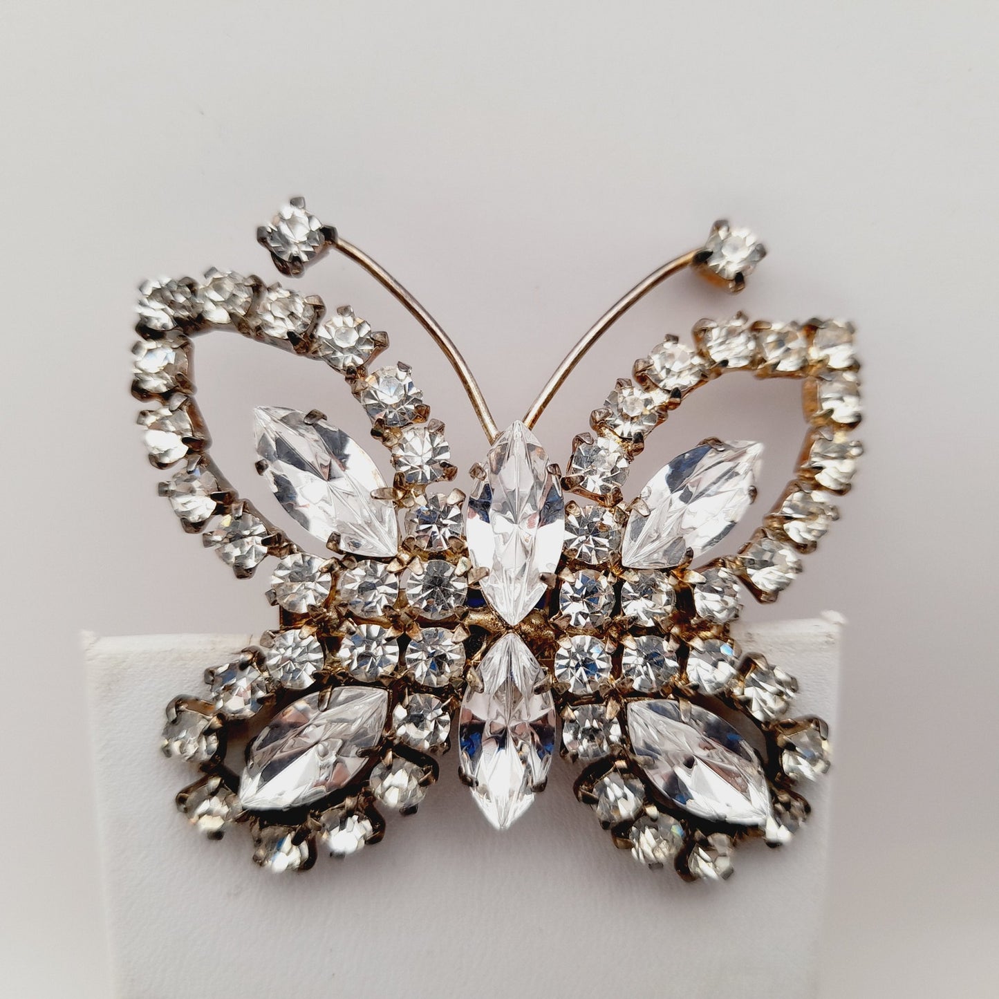 Vintage Mid-Century Clear Rhinestone Butterfly Brooch Pin Silver Tone