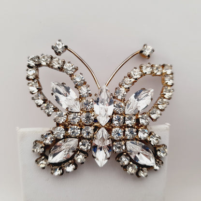 Vintage Mid-Century Clear Rhinestone Butterfly Brooch Pin Silver Tone