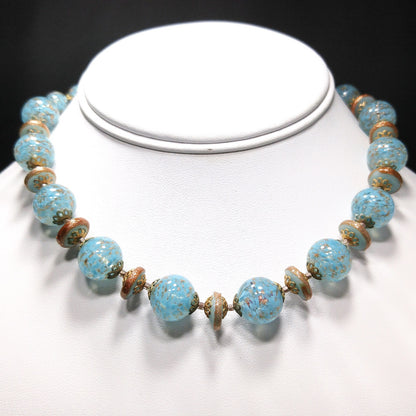 Kramer Turquoise Gold Beaded Necklace & Earrings Set, Gold Glitter Murano Glass