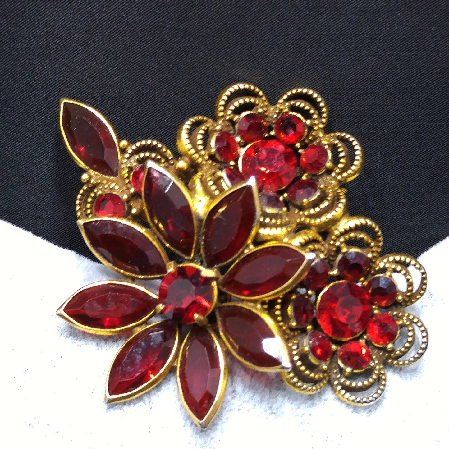 Vintage Red Crystal Rhinestone Floral Brooch, Antique Gold Plated, 1980s Vintage Jewelry