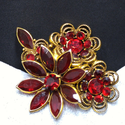 Vintage Red Crystal Rhinestone Floral Brooch, Antique Gold Plated, 1980s Vintage Jewelry