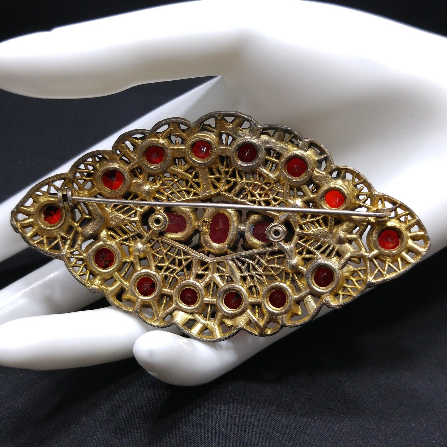 Antique Red Rhinestone Filigree Large Brooch, Wide Floral Sash Shoulder Pin, 1920s Vintage Jewelry