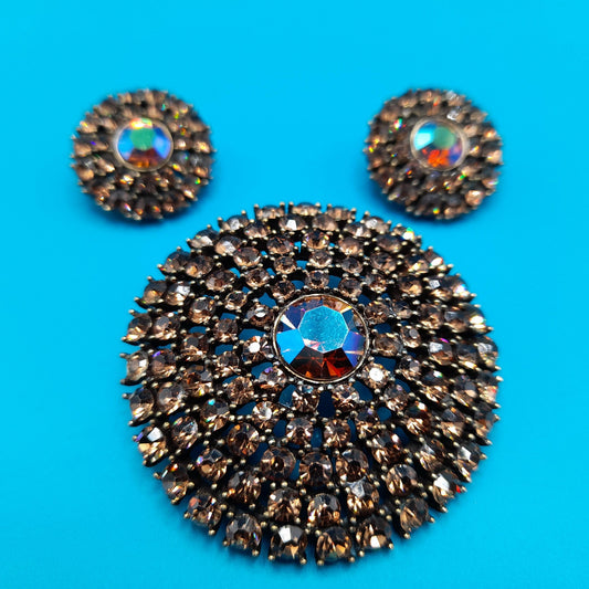 Vintage Weiss Topaz Rhinestone Brooch Earrings Set, Aurora Borealis, 1960s
