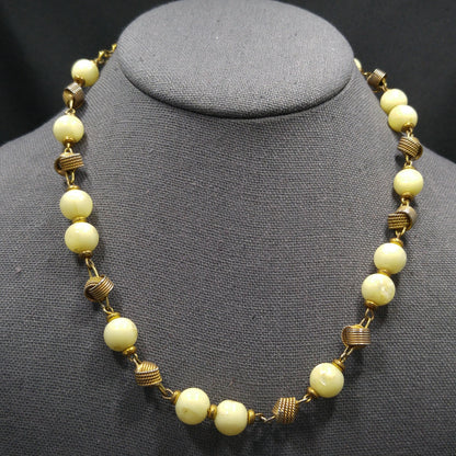 Vintage Hobe' Light Yellow Lucite Beaded Necklace & Matching Earrings, Gold Plated, 1950s