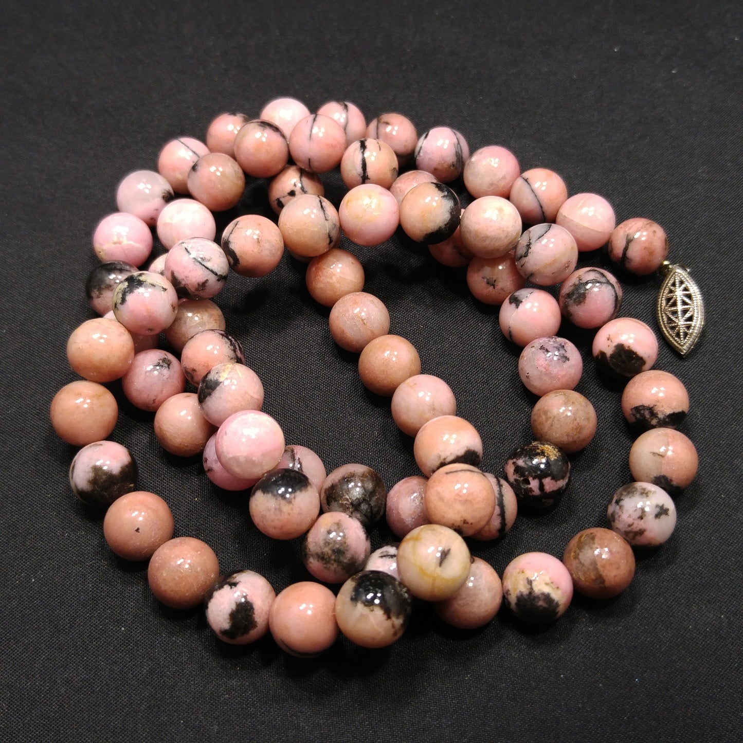 Pink Black Gemstone Beaded Necklace, Rhodonite 10mm Beads, 1970s Vintage Jewelry