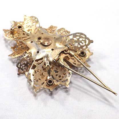 BARCLAY Fur Clip & Brooch, Gold Plated Filigree, Rhinestones, 1940s Vintage Jewelry