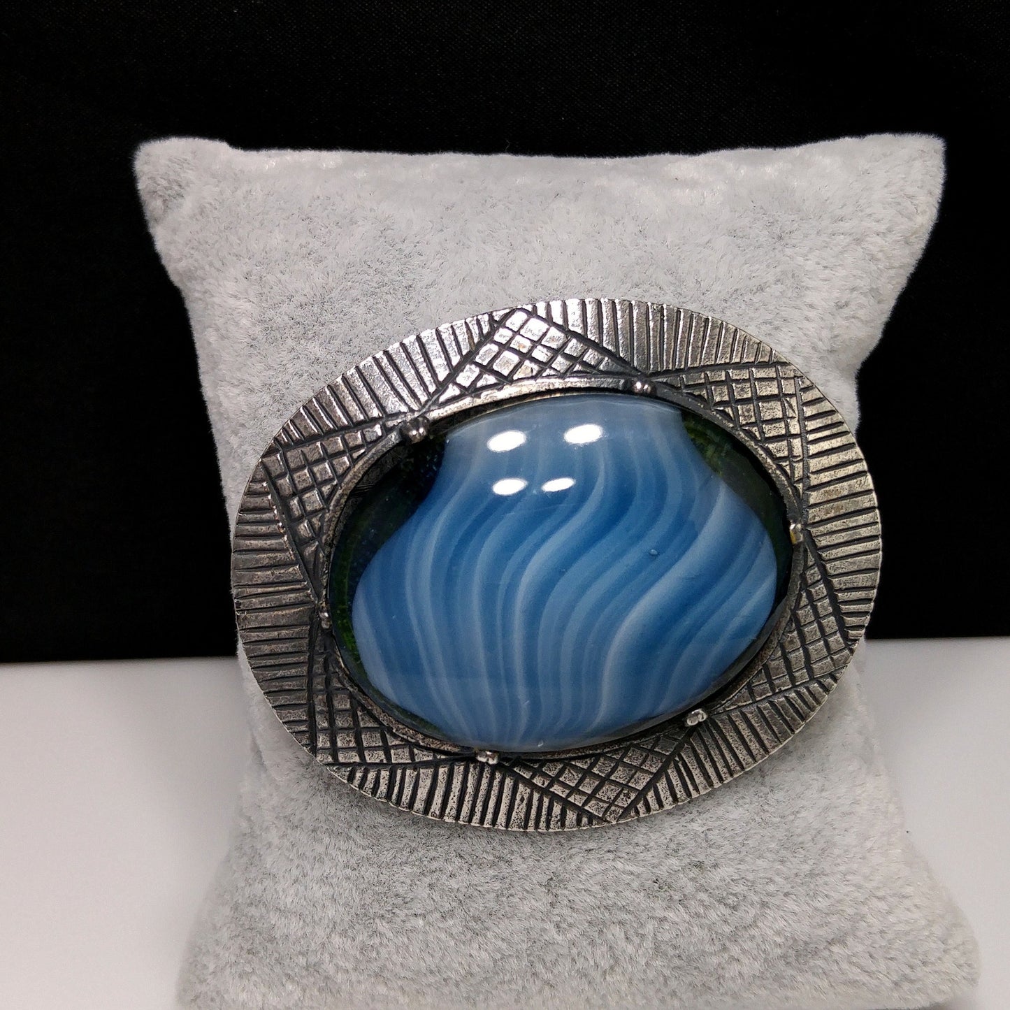 Corocraft Blue Art Glass Brooch, Silver Etched Frame, 1940s Vintage Jewelry