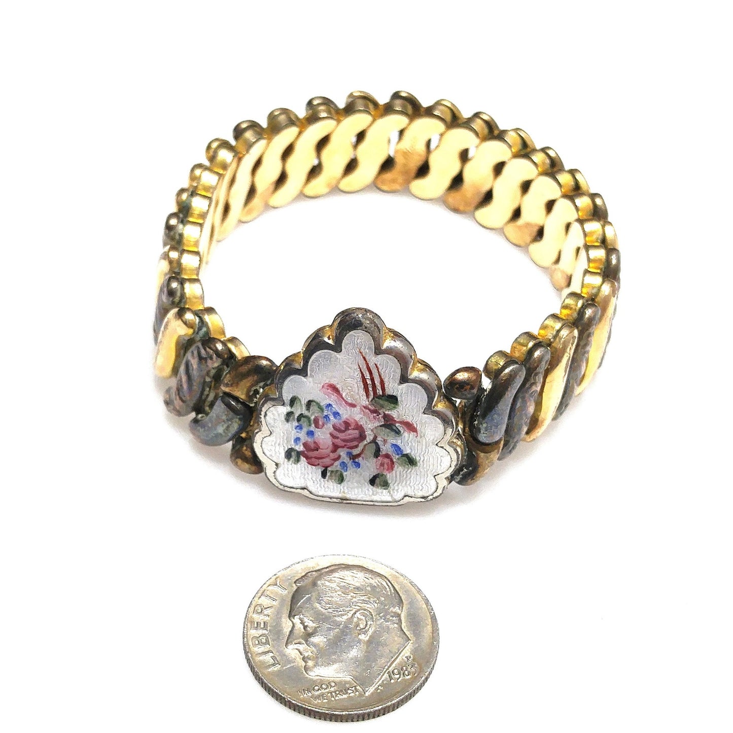 La Mode 1920s Guilloche Enamel Heart Locket Expansion Bracelet 12K GF Antique