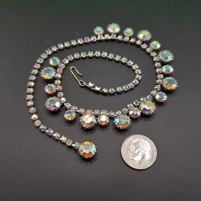 Aurora Borealis Rhinestone Choker Necklace, Rhodium Plated, 1960s Vintage Jewelry