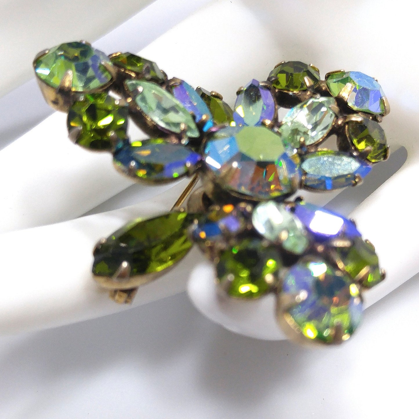 Vintage Regency Blue Green Triangular Brooch, Aurora Borealis, 1960s
