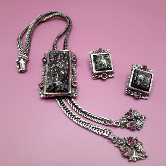 Vintage Selro Lucite Confetti Necklace Earrings Set, Purple Rhinestones, 1960s