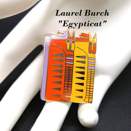 Laurel Burch "Egypticat" Brooch, Cloisonne Gold Plated, Yellow Orange Enamel Cats, 1980s Vintage Jewelry