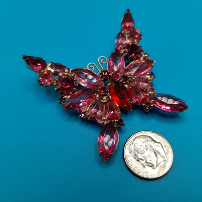 Vintage Weiss Butterfly Brooch, Pink Red Rhinestones, Gold Plated, 1950s Jewelry
