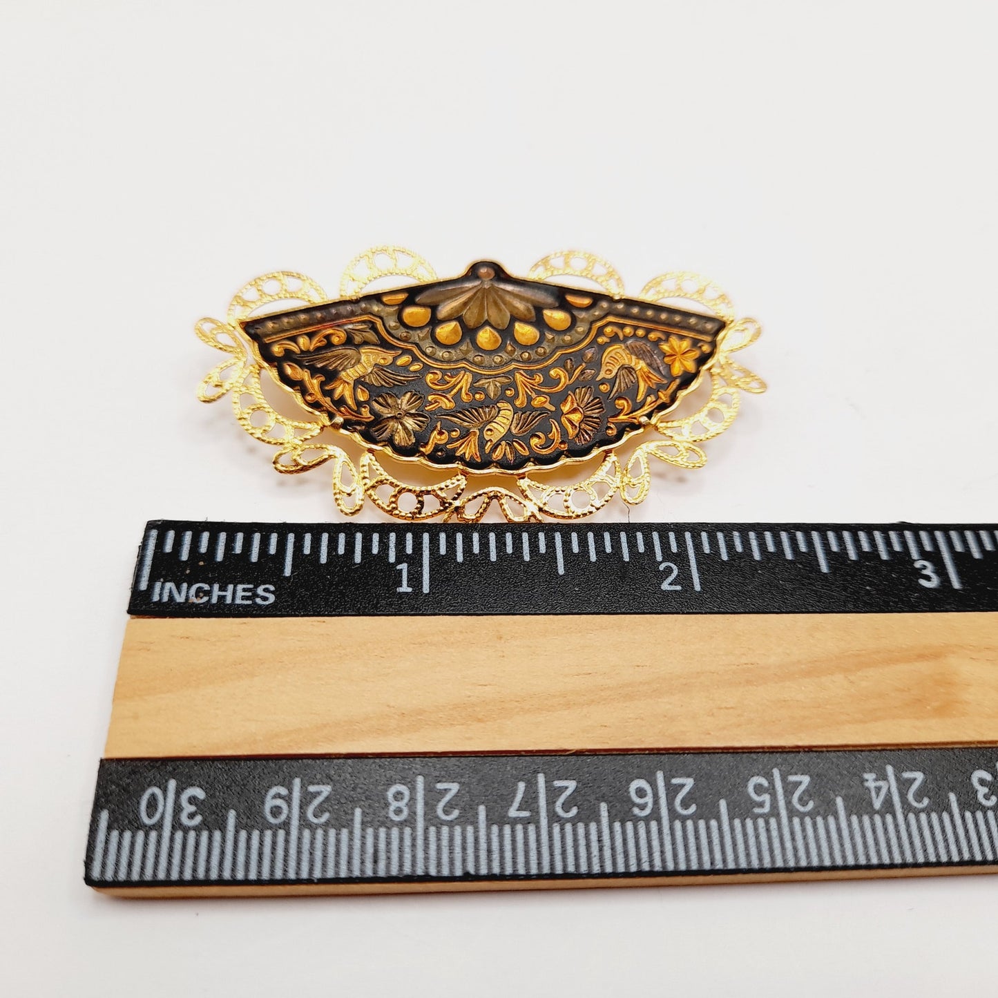 Vintage Damascene Fan Brooch Gold Black Filigree Pin 2.5 Inch