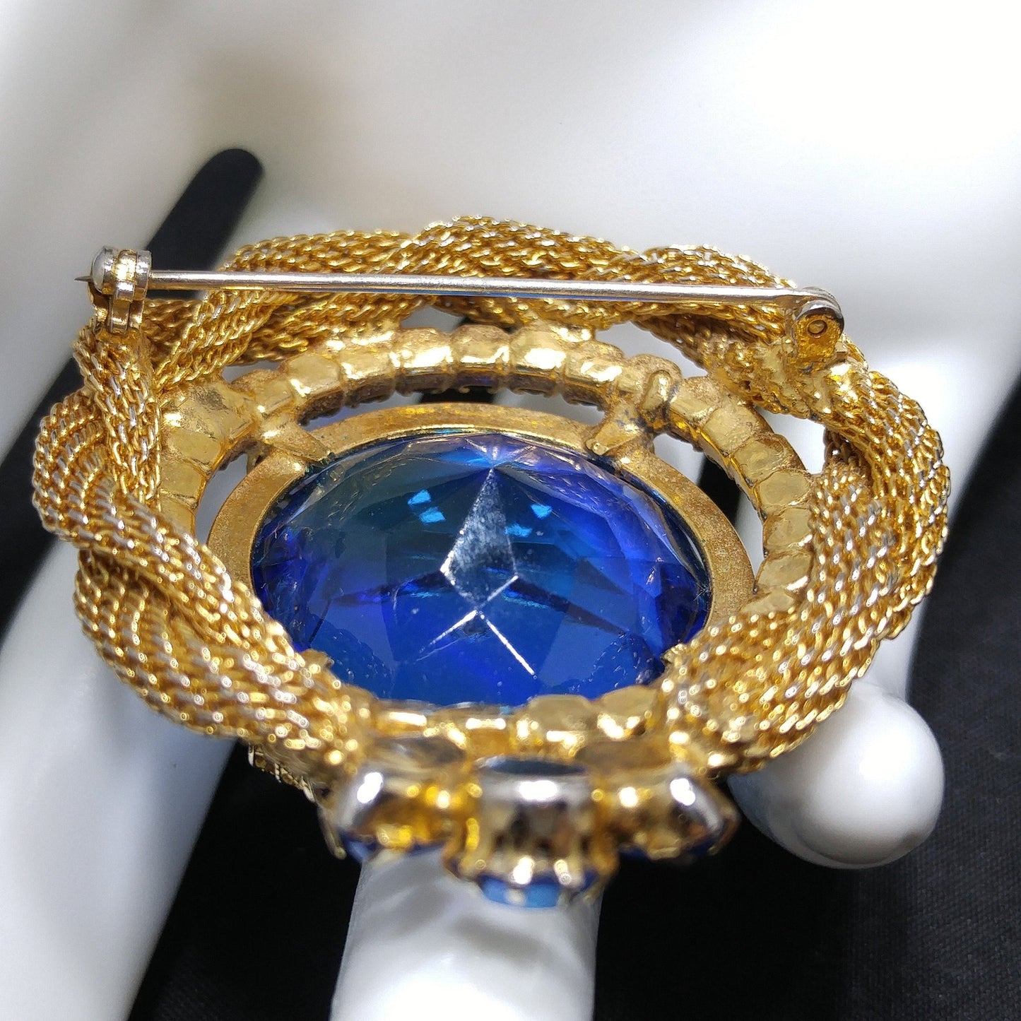 Large Blue Glass & AB Rhinestones Brooch, Gold Plated Mesh Frame, 1960s Vintage Jewelry