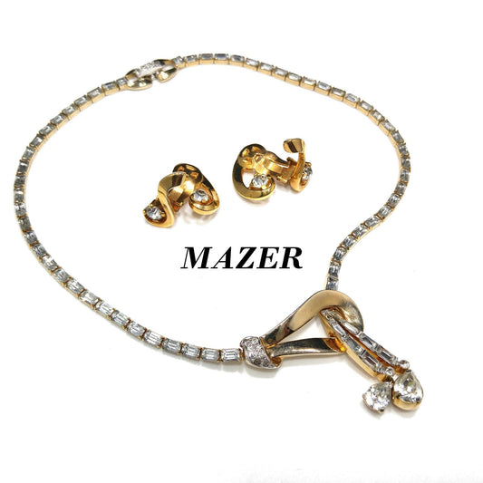 Mazer Rhinestone Choker Necklace & Earrings, Gold Plated, 1940s Vintage Jewelry