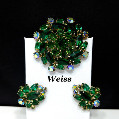 Vintage Weiss Emerald Green Brooch & Earrings, Aurora Borealis, Gold Plated