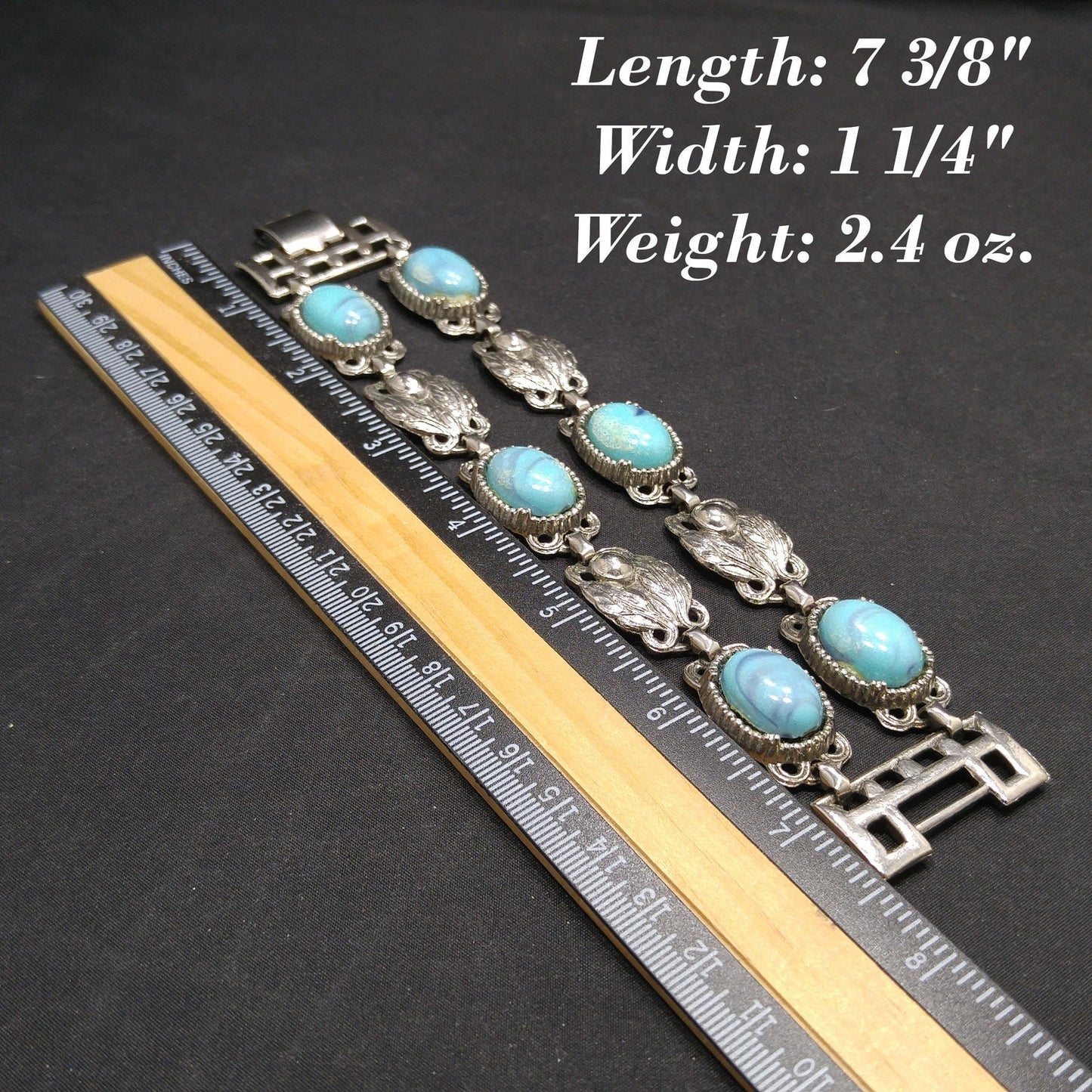 Lucite Faux Turquoise Double Strand Bracelet, Silver Leaves, 1950s Vintage Jewelry
