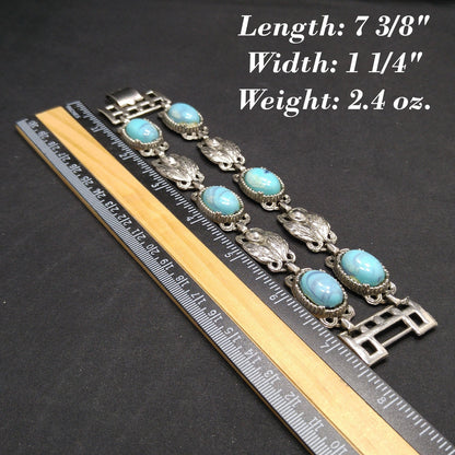 Lucite Faux Turquoise Double Strand Bracelet, Silver Leaves, 1950s Vintage Jewelry