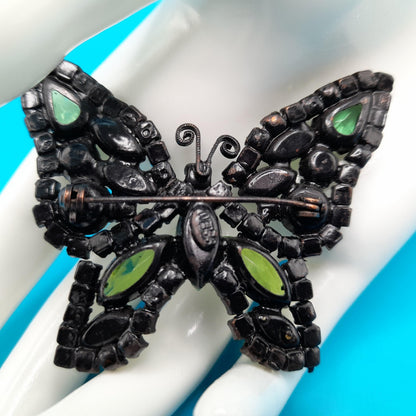 Vintage Weiss Butterfly Brooch, Green Aurora Borealis Rhinestones, Japanned Finish, 1950s Jewelry
