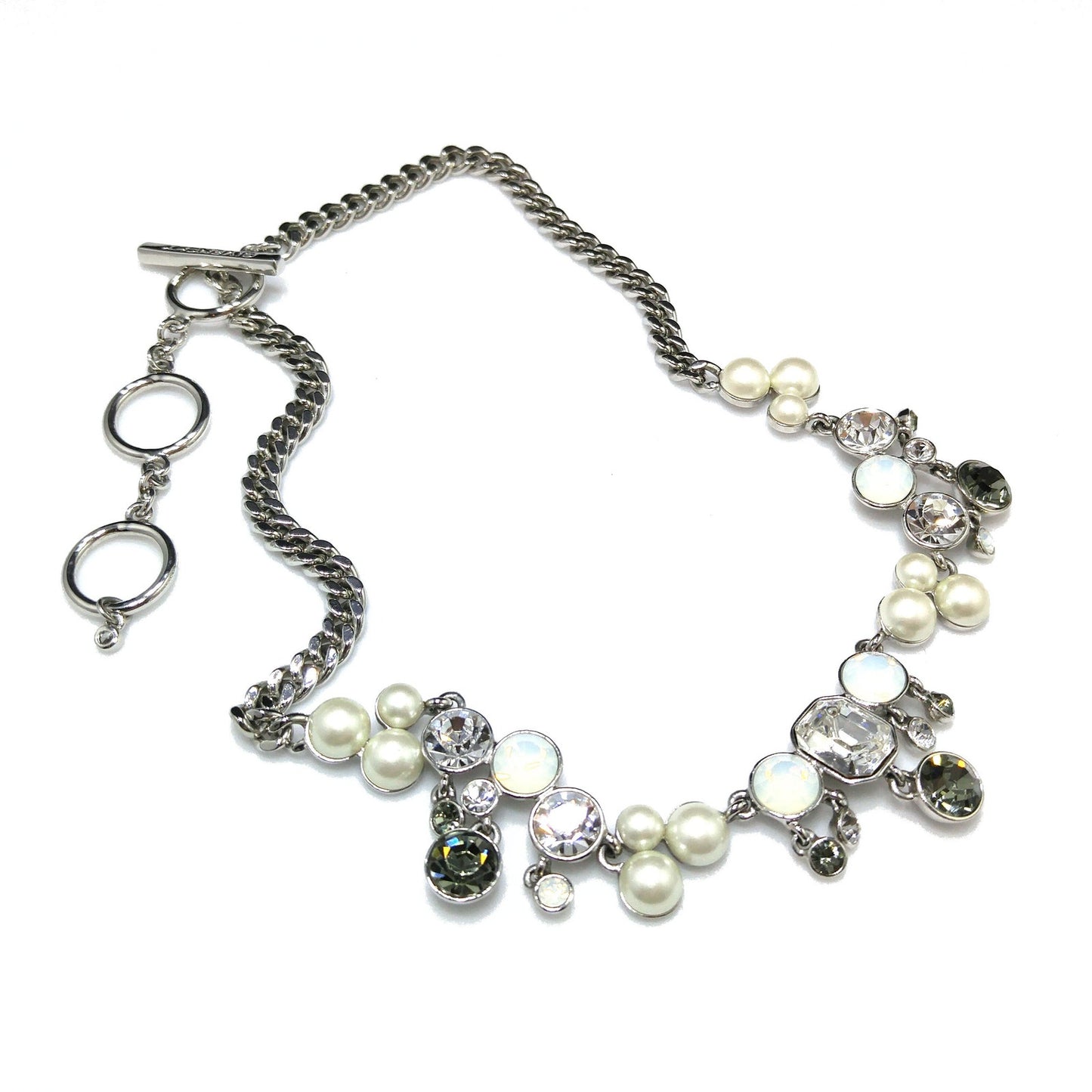 Vintage Givenchy Faux Pearl Rhinestone Necklace, Rhodium Plated, 1990s Jewelry