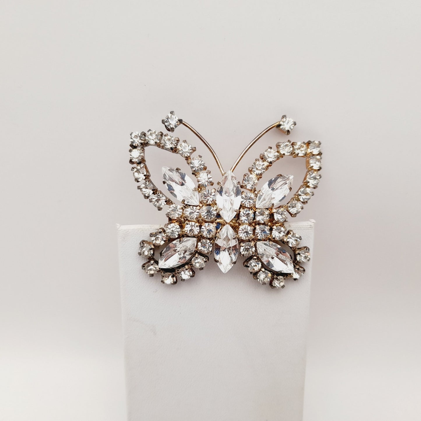 Vintage Mid-Century Clear Rhinestone Butterfly Brooch Pin Silver Tone