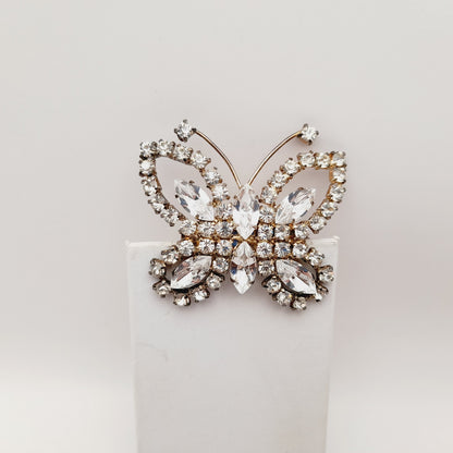 Vintage Mid-Century Clear Rhinestone Butterfly Brooch Pin Silver Tone