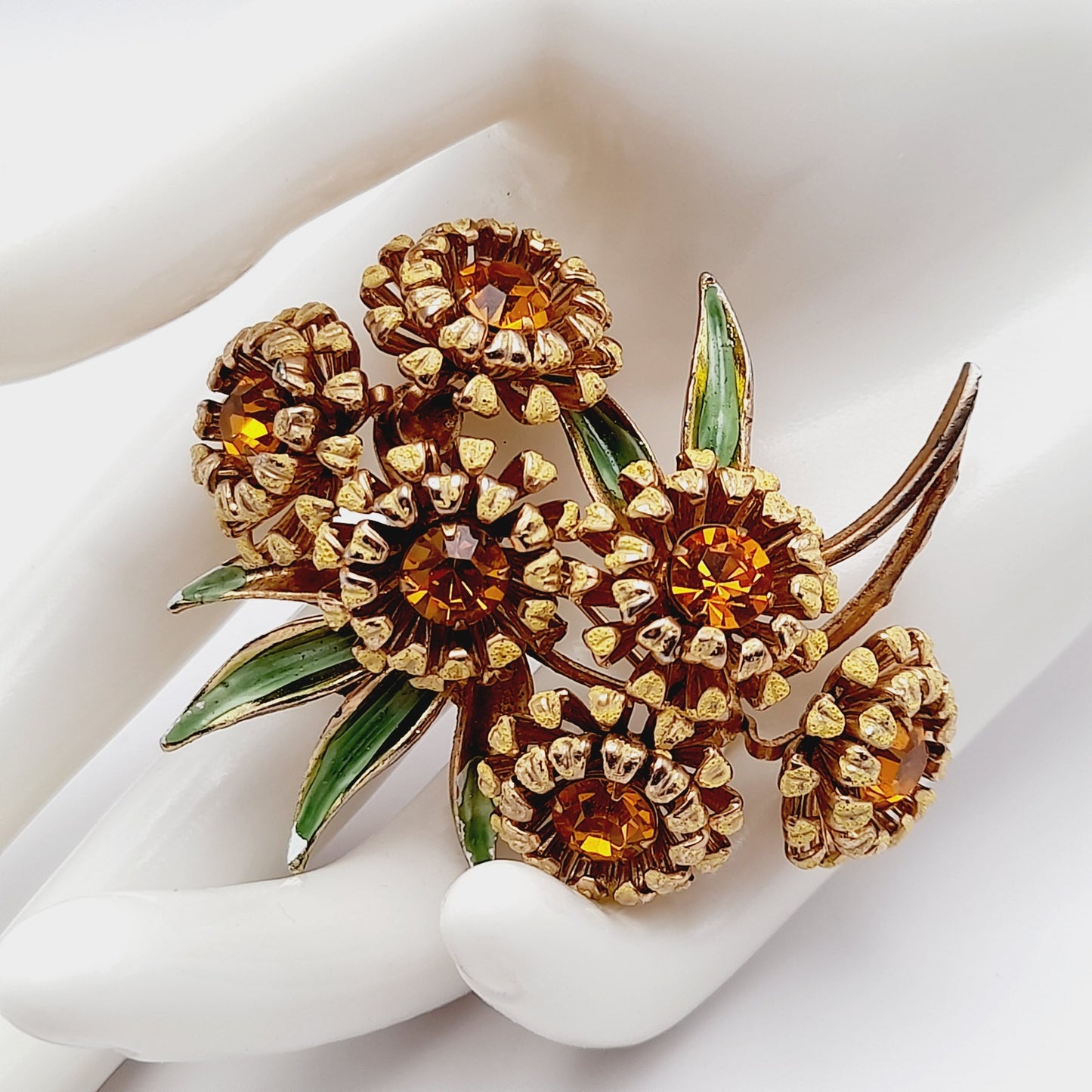 Vintage Weiss Sunflower Brooch Gold Tone Topaz Rhinestones Enamel 1950s