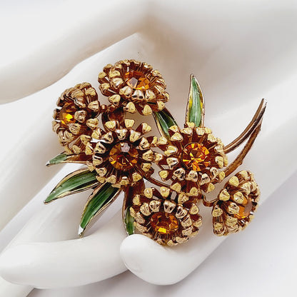 Vintage Weiss Sunflower Brooch Gold Tone Topaz Rhinestones Enamel 1950s