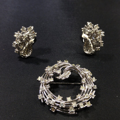 Ciner Clear Rhinestone Brooch & Earrings, Rhodium Plated, 1950s Vintage Jewelry