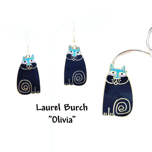 Laurel Burch "Olivia" Cat Earrings & Pendant Brooch Combo, 1980s Vintage Jewelry