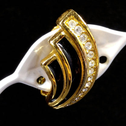 Christian Dior Black Enamel Earrings, Gold Plated, Pave Rhinestones, 1980s Vintage Jewelry