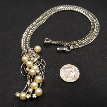 Hobe' Faux Pearl Pendant Necklace, Rhodium Plated, 1960s Vintage Jewelry