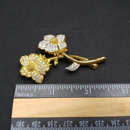 Vintage Swarovski Year 2000 Two Flower Brooch – Gold Plated with Clear Rhinestones
