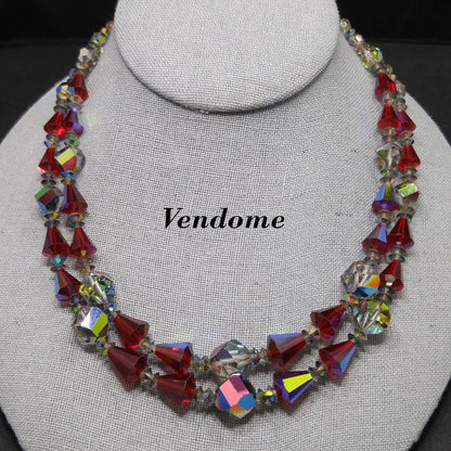 Vendome Red Crystal Two Strand Necklace, Aurora Borealis, 1960s Vintage Jewelry
