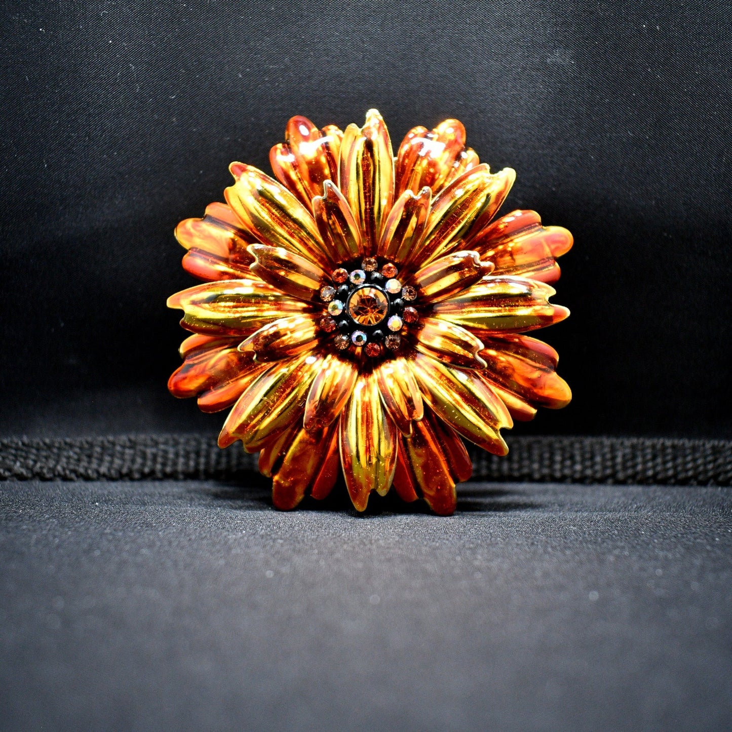 Joan Rivers Orange Gold Plated Floral Brooch, Rhinestone Center, 1990s
