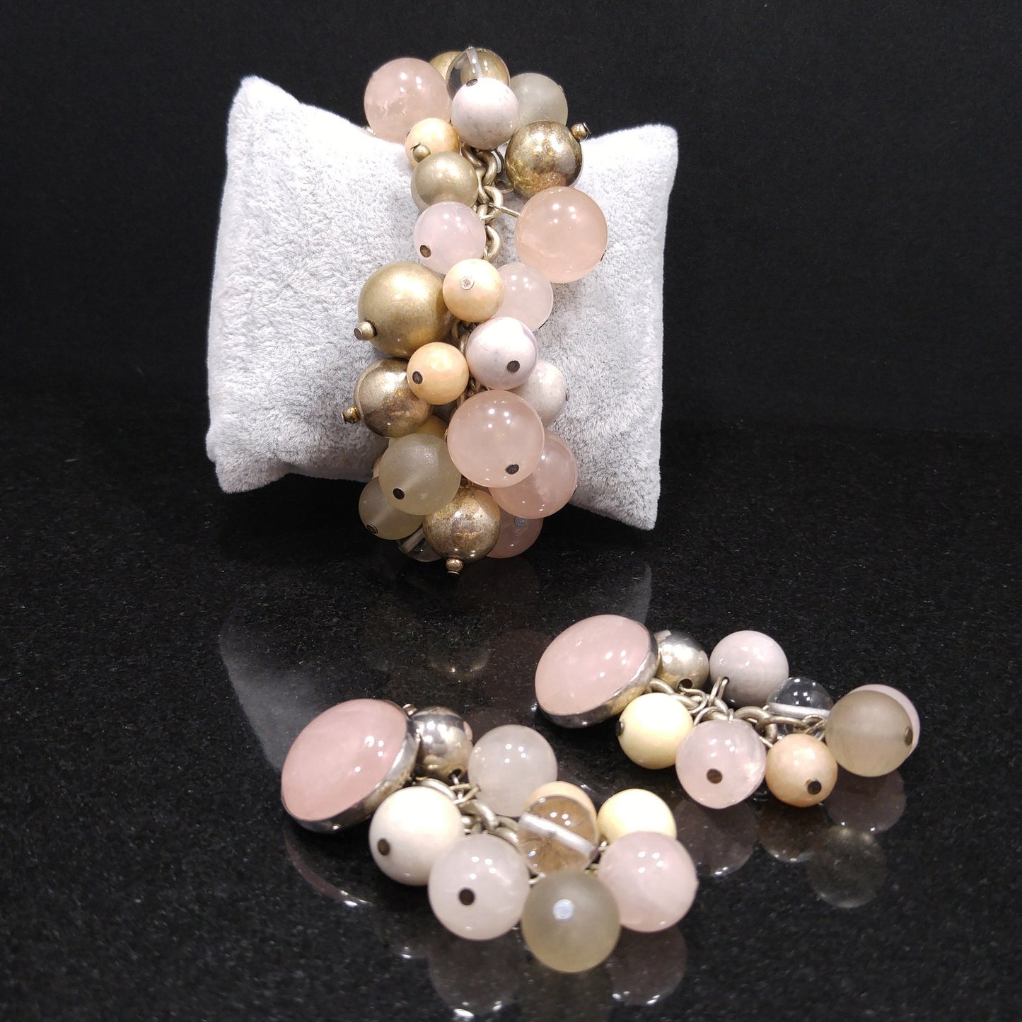 Susan Cummings Beaded Clip Earrings & Bracelet, Sterling Silver, Gemstone Beads