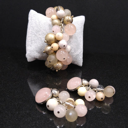 Susan Cummings Beaded Clip Earrings & Bracelet, Sterling Silver, Gemstone Beads
