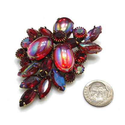 Kramer Red Iridescent Rhinestone Brooch, Aurora Borealis Rhinestones, 1960s Vintage Jewelry
