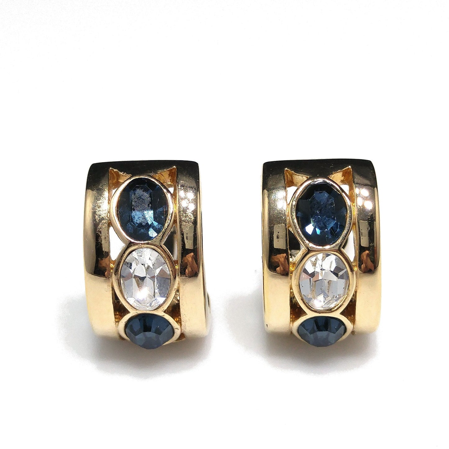 Vintage S.A.L. Swarovski Blue & Clear Rhinestone Clip Earring Hoops